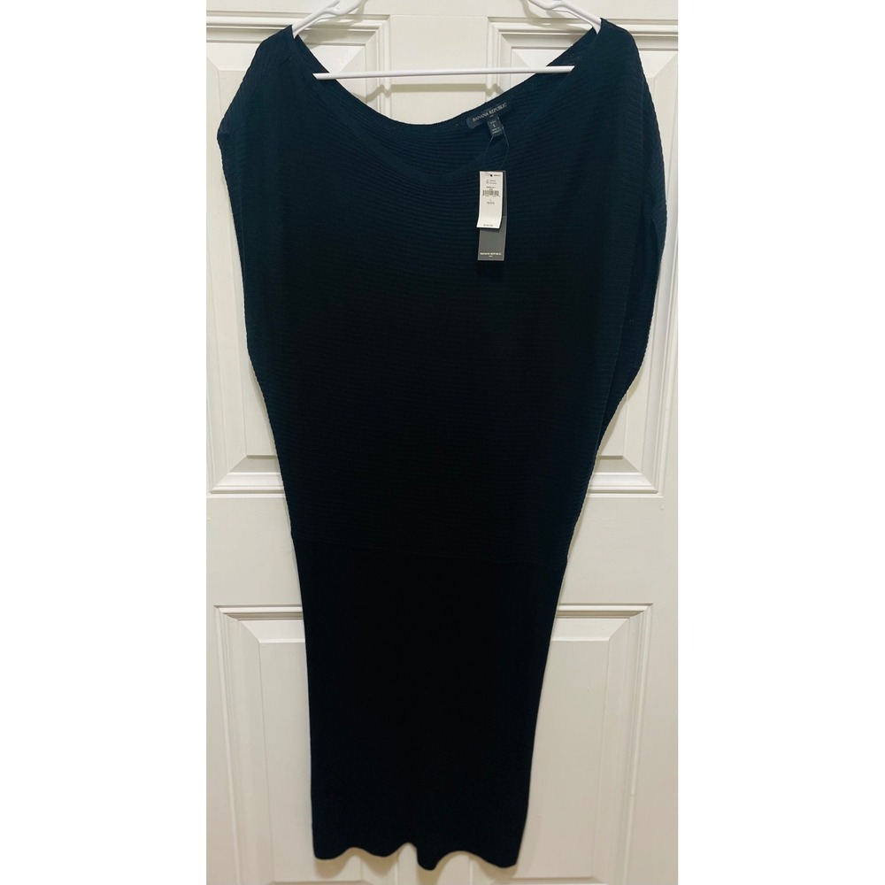 Banana Republic Classic Sweater Dress Ribbed‎ Knit Black Petite L